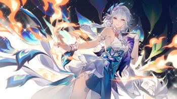 Rule 34 | 1girl, absurdres, aqua dress, bracelet, breasts, bridal gauntlets, chinese commentary, commentary request, dress, earrings, fire, hand up, highres, honkai: star rail, honkai (series), jewelry, long hair, looking at viewer, medium breasts, parted lips, peacock feathers hair ornament, sanyue qiushi, single bridal gauntlet, sleeveless, sleeveless dress, smile, solo, standing, teeth, thighs, two-tone dress, very long hair, white bridal gauntlets, white dress, white hair, yao guang (honkai: star rail)