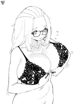 Rule 34 | 1girl, bangs pinned back, bottomless, bra, breasts, cleavage, commentary, commission, dressing, english commentary, folded hair, forehead, front-hook bra, glasses, highres, huge breasts, inconvenient breasts, inne sulistya robin, lace, lace bra, long hair, monochrome, navel, norman maggot, original, out-of-frame censoring, solo, standing, struggling, underwear, veins, veiny breasts