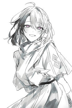 1girl ahoge arms_behind_back belt blush breasts earrings grey_hair hair_between_eyes hata_(ohataa0) highres honkai_(series) honkai_impact_3rd jewelry leaning_to_the_side looking_at_viewer medium_breasts patterned short_hair short_sleeves sidelocks sketch smile solo traditional_media vita_(honkai_impact) vita_(salt_snow)_(honkai_impact) white_background