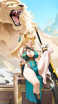 1girl absurdres animal_ear_fluff aqua_dress artist_request barefoot blonde_hair blue_sky breasts commentary_request dress echocalypse hair_ornament hair_stick highres large_breasts lion lion_girl lion_tail long_hair open_mouth ponytail shu_(echocalypse) sitting sky sweat sword tail tassel weapon yellow_eyes