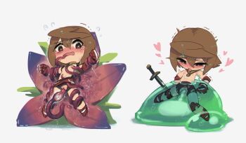 bound bound_arms bound_legs bound_wrists brown_eyes brown_hair chibi defeat dissolving_clothes flower heart highres kuruna_(hepari) porforever princess_blitz rafflesia_(flower) restrained slime_(creature) slime_sex source_request sword tentacle_sex tentacles weapon