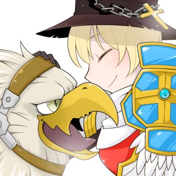Rule 34 | 1girl, armor, blonde hair, blush, brown hat, chain, closed eyes, closed mouth, commentary request, cross, griffin, gryphon (ragnarok online), hat, lowres, oekakipikki, official alternate costume, pauldrons, profile, ragnarok online, royal guard (ragnarok online), shirt, short hair, shoulder armor, simple background, smile, solo, white background, white shirt