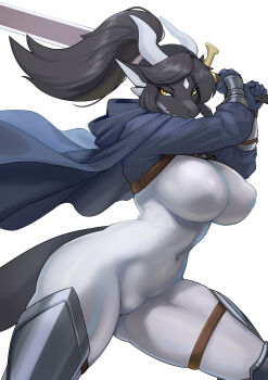 1girl absurdres arm_armor armor ass black_hair black_skin blue_cloak blue_gloves bodysuit breasts chest_harness chinese_commentary cloak colored_skin commentary commentary_request covered_erect_nipples covered_navel diamond_(shape) diamond_facial_mark dragon_girl dragon_horns dragon_tail facial_mark fighting_stance from_side furry furry_female gloves greatsword harness high_ponytail highres holding holding_sword holding_weapon hood hood_down hooded_cloak horns impossible_bodysuit impossible_clothes knee_pads large_breasts leg_armor long_hair multicolored_skin original parted_bangs pointy_ears ponytail sidelocks simple_background skin_tight snout solo sword tail thick_thighs thigh_strap thighs treyer two-tone_skin weapon white_background white_bodysuit white_horns white_skin wide_hips yellow_eyes
