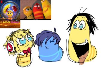 1girl 2boys :d :| aigis_(persona) aigis_(persona)_(cosplay) black_hair blonde_hair blue_eyes blue_hair bow bowtie bug closed_eyes closed_mouth cosplay crossover headphones highres jukgidoraon larva larva_pendant mochizuki_ryouji mochizuki_ryouji_(cosplay) multiple_boys open_mouth persona persona_3 red_bow robot_ears short_hair smile tooth white_background yuuki_makoto_(persona_3) yuuki_makoto_(persona_3)_(cosplay)