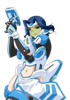 1girl armor black_gloves blue_hair boots breasts cleavage clothing_cutout cowboy_shot face_shield game_cg gan-chan_(artist) gloves gun hair_intakes handgun headgear hishidou_aiko hitozuma_sentai_aisaiger holding holding_gun holding_weapon large_breasts magical_girl mecha_musume midriff mole mole_under_mouth navel navel_cutout non-web_source official_art pelvic_curtain red_eyes saiger_iris shiny_skin short_hair side_cutout solo standing stomach_cutout thigh_boots thighhighs transparent_background trigger_discipline variant_set weapon