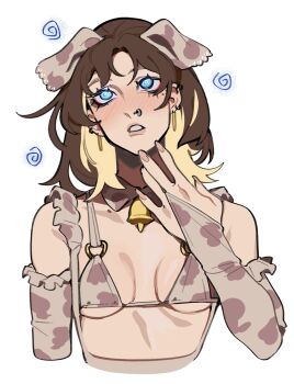 1girl @_@ animal_ears animal_print artist_self-insert bell bikini blonde_hair blue_eyes blush breasts bridal_gauntlets brown_hair clenched_teeth colored_inner_hair cow_ears cow_print cow_print_bikini cow_print_bridal_gauntlets cow_print_gloves cowbell detached_collar ear_piercing earrings elbow_gloves face_piercing fake_animal_ears fingernails gloves hand_up highres hoop_earrings hypnosis jewelry martini_(porqueloin) medium_hair micro_bikini mind_control mole mole_under_eye multicolored_hair neck_bell nose_piercing nose_ring parted_lips piercing porqueloin print_bikini print_bridal_gauntlets print_gloves real_life real_life_insert small_breasts solo swimsuit teeth two-tone_hair upper_body