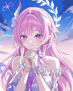Rule 34 | 1girl, amphoreus (honkai: star rail), bare shoulders, blue sky, breasts, commentary, corrupted twitter file, cyrene (demiurge) (honkai: star rail), cyrene (honkai: star rail), diamond-shaped pupils, diamond (shape), dress, earrings, hashtag-only commentary, highres, honkai: star rail, honkai (series), jewelry, large breasts, long hair, looking at viewer, mobius strip, own hands together, pink hair, pointy ears, purple eyes, pyeonhwa 07, sky, smile, solo, symbol-shaped pupils, upper body, very long hair, white dress