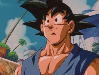 1boy anime_screenshot black_eyes black_hair closed_mouth dragon_ball dragon_ball_gt ending goodbye male_focus muscular muscular_male pectorals saiyan scan smile solo son_goku source_request