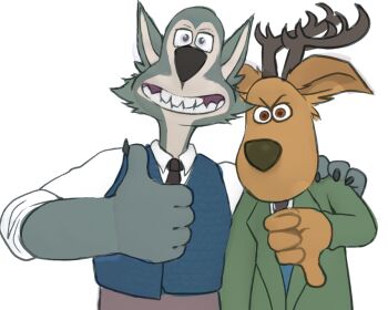 2020 2boys angry animal antlers beastars bird brown_eyes brown_necktie claws deer dog furry furry_male gesture grey_eyes grin gromit hand_on_another&#039;s_shoulder horns legoshi looking_at_viewer louis_(beastars) male_focus meme multiple_boys necktie parody sharp_teeth simple_background smile style_parody sweater teeth thumbs_down thumbs_up wallace_&amp;_gromit wallace_(wallace_&amp;_gromit) white_background wolf