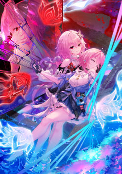 2girls acorn archery_shooting_glove badge bare_shoulders black_choker black_gloves black_overskirt blue_jacket blue_skirt bra_strap breasts button_badge camera choker commentary_request dual_persona earrings evernight_(honkai:_star_rail) flower flower_ornament full_body gloves hair_flower hair_ornament highres honkai:_star_rail honkai_(series) jacket jellyfish jewelry kirituka_yuuka long_hair long_sleeves looking_at_viewer march_7th_(honkai:_star_rail) march_7th_(preservation)_(honkai:_star_rail) medium_breasts medium_hair miniskirt multiple_girls no_shoes official_alternate_design official_alternate_hair_length official_alternate_hairstyle partial_commentary partially_fingerless_gloves pink_hair red_eyes shirt single_earring single_glove skirt thigh_strap tied_jacket underbust white_shirt