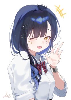 1girl :d absurdres black_hair bow bowtie collared_shirt colored_inner_hair diagonal-striped_bow diagonal-striped_bowtie diagonal-striped_clothes gangzi_(vtuber) hair_ornament hairclip hand_up hashtag-only_commentary heart heart_sticker highres looking_at_viewer multicolored_hair one_eye_closed open_mouth pprn_pizza_77 red_bow red_bowtie shirt signature simple_background smile solo star_(symbol) star_sticker stellive sticker sticker_on_face streaked_hair striped_bow striped_bowtie striped_clothes upper_body virtual_youtuber white_background white_shirt wing_collar yellow_eyes