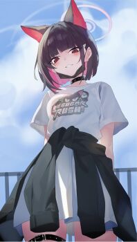 1girl animal_ears arms_behind_back belt black_belt black_choker black_hair black_jacket blue_archive blue_sky blush chinese_commentary choker clothes_around_waist cloud cloudy_sky colored_inner_hair commentary_request day extra_ears from_below halo highres jacket jacket_around_waist kazusa_(band)_(blue_archive) kazusa_(blue_archive) looking_at_viewer looking_down medium_hair multicolored_hair official_alternate_costume outdoors parted_lips pink_hair pink_halo red_eyes shirt short_sleeves sky solo t-shirt teeth thigh_belt thigh_strap two-tone_hair white_shirt zhileng_zhil