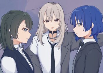 Rule 34 | 3girls, absurdres, bang dream!, bang dream! it's mygo!!!!!, black bow, black bowtie, black choker, black hair, black vest, blue eyes, blue hair, bocchi the rock!, bow, bowtie, choker, clenched teeth, commentary, genre connection, girls band cry, grey eyes, grey hair, grey jacket, hair ornament, hairclip, highres, instrument connection, jacket, kawaragi momoka, long hair, looking at viewer, medium hair, mole, mole under eye, multicolored hair, multiple girls, o-ring, o-ring choker, roots (hair), shirt, single off shoulder, untranslatable commentary, teeth, tenrouza ray, tongue, tongue out, upper body, vest, white shirt, yahata umiri, yamada ryo, yellow eyes