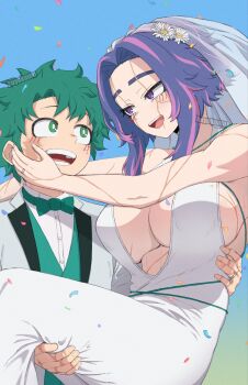 1boy 1girl artist_name blue_background blush boku_no_hero_academia bow bowtie breasts bridal_veil bride bright_pupils carrying commentary confetti dotoyazuki dress english_commentary eyebrow_cut formal_clothes gradient_background green_bow green_bowtie green_vest groom hand_on_another&#039;s_back hand_on_another&#039;s_face hand_on_another&#039;s_leg highres jewelry lady_nagant large_breasts looking_at_another male_focus midoriya_izuku multicolored_hair princess_carry purple_hair ring scar scar_across_eye scar_on_arm scar_on_face scar_on_hand shirt smile suit two-tone_hair veil vest wedding_dress wedding_ring white_pupils white_shirt white_suit