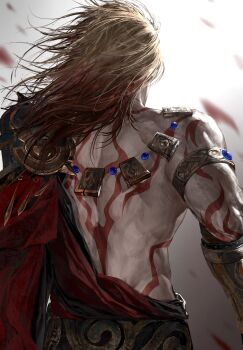 1boy arm_tattoo armlet back back_tattoo blonde_hair broomhmh chinese_commentary clawed_gauntlets commentary_request floating_hair from_behind gold_armlet gradient_hair highres honkai:_star_rail honkai_(series) jewelry long_hair male_focus multicolored_hair muscular muscular_male mydei_(honkai:_star_rail) red_hair red_tattoo solo tattoo two-tone_hair white_background