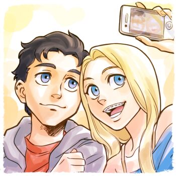 1boy 1girl billy_batson black_hair blonde_hair blue_eyes braces brown_hair couple courtney_whitmore dc_comics justice_society_of_america phone red_shirt selfie sen_(pixiv111638) shazam shirt smile stargirl