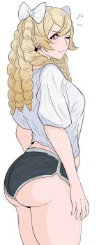 1girl absurdres ass black_shorts blonde_hair bow breasts drill_hair earrings fire_emblem fire_emblem_awakening frown hair_between_eyes hair_bow highres huge_ass jewelry long_hair looking_at_viewer looking_back maribelle_(fire_emblem) medium_breasts multiple_drills nintendo one_eye_closed red_eyes shirt shorts solo tavi_(hosheezus) thick_thighs thighs white_shirt