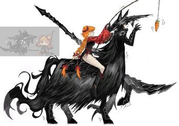 1boy 1girl animal_ears armor black_armor black_dress braid carrot_on_stick centaur double_bun dress frilled_sleeves frills full_body hair_bun heishou_pack-wu_branch_(identity)_(project_moon) highres hongyuan_(identity)_(project_moon) horse_ears ishmael_(project_moon) limbus_company long_hair low_twin_braids open_mouth orange_hair project_moon red_ribbon red_shrug ribbon shrug_(clothing) side_slit simple_background slw1857 smile taur twin_braids vambraces very_long_hair white_background yi_sang_(project_moon)