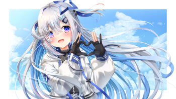 1girl absurdres amane_kanata amane_kanata_(work) belt black_dress black_gloves blue_hair blush cloud cloudy_sky colored_inner_hair commentary_request commission dress four-finger_heart_hands gloves grey_hair hair_ornament hairclip halo heart heart_hands high_collar highres hololive jacket long_hair long_sleeves looking_at_viewer low_twintails multicolored_hair official_alternate_costume official_alternate_hair_length official_alternate_hairstyle open_mouth partially_fingerless_gloves pixiv_commission purple_eyes single_hair_intake sky solo star_(symbol) star_halo streaked_hair twintails upper_body virtual_youtuber white_jacket yukikawa_sara