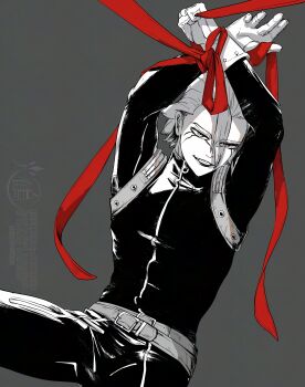 1boy absurdres arms_up belt black_bodysuit bodysuit bound bound_wrists dr._stone facial_mark gloves grey_background hair_between_eyes highres looking_at_viewer male_focus mitsuru_(aica_hikari) monochrome red_ribbon ribbon short_hair simple_background smile solo spot_color stanley_snyder_(dr.stone)