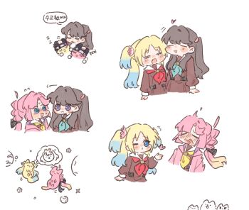 Rule 34 | 3girls, :3, = =, @ @, ahoge, animalization, anyoji hime, aqua neckerchief, basil (wgh0anzdple3asf), beanie, black hat, blonde hair, blowing kiss, blue eyes, blue hair, blush, brown dress, brown hair, cat, closed eyes, closed mouth, commentary request, detached ahoge, dress, eye contact, fang, flinch, flower, flustered, fujishima megumi, gradient hair, hair flower, hair ornament, hasu no sora school uniform, hat, headpat, heart, heart in mouth, highres, korean commentary, korean text, link! like! love live!, long hair, long sleeves, looking at another, love live!, mira-cra park!, multi-tied hair, multicolored hair, multiple girls, multiple views, neckerchief, nose blush, nyao signyal, open mouth, osawa rurino, parted bangs, pink cat, pink flower, pink hair, ponytail, purple eyes, red neckerchief, sailor collar, sailor dress, school uniform, shared thought bubble, skin fang, speech bubble, thought bubble, translation request, twintails, two side up, virtual youtuber, white sailor collar, winter uniform, yellow cat