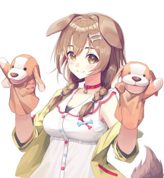 Rule 34 | 1girl, animal ears, blue eyes, blush, bone hair ornament, braid, braided twintails, breasts, brown eyes, brown hair, closed mouth, collar, hair ornament, hair over shoulder, hand puppet, hashtag-only commentary, highres, hololive, inugami korone, jacket, long hair, long sleeves, looking at viewer, moon (restire), open clothes, open jacket, paw pendant, puppet, red collar, shirt, simple background, single off shoulder, sleeveless, sleeveless shirt, smile, solo, upper body, virtual youtuber, white background, white shirt, yellow jacket