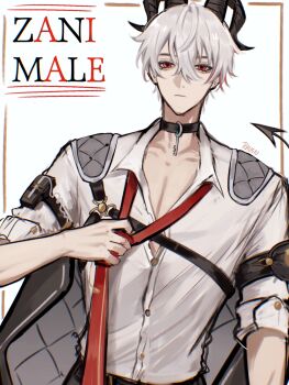 1boy adjusting_clothes adjusting_necktie arm_pouch armband black_armband black_choker black_horns black_jacket black_tail character_name choker closed_mouth collarbone collared_shirt commentary_request curled_horns demon_tail genderswap genderswap_(ftm) grey_hair hair_between_eyes highres horns jacket jacket_on_shoulders jhenny345 looking_at_viewer male_focus multicolored_hair necktie partially_unbuttoned red_eyes red_necktie shirt shirt_tucked_in short_hair solo spanish_commentary streaked_hair tail upper_body white_shirt wuthering_waves zani_(wuthering_waves)