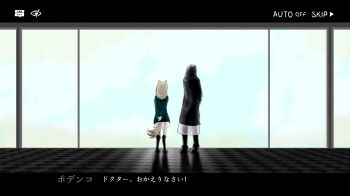 1girl 1other absurdres animal_ears arknights arms_behind_back black_boots blonde_hair boots commentary_request doctor_(arknights) dog_ears dog_girl dog_tail english_text fake_screenshot from_behind green_jacket hands_in_pockets highres hood hooded_jacket indoors jacket kuruzusu long_sleeves own_hands_together podenco_(arknights) see-through_clothes see-through_skirt skirt tail translation_request user_interface video_game_dialogue_box window