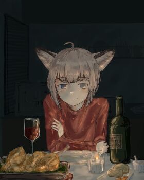 1girl ahoge alcohol animal_ear_fluff animal_ears arknights bird blue_eyes candle chicken closed_mouth fire fox_ears fox_girl highres indoors leaning_forward light_blush long_sleeves looking_at_viewer mitotakekeke red_shirt shirt short_hair solo sussurro_(arknights) upper_body wine