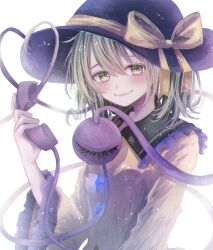 Rule 34 | 1girl, annin cha, arm at side, black hat, bloom, blush, bow, bright pupils, buttons, closed mouth, commentary, diamond button, eyebrows hidden by hair, frilled sleeves, frills, green eyes, green hair, hair between eyes, hand up, hat, hat bow, heart, heart of string, highres, holding, holding phone, index finger raised, komeiji koishi, light particles, lips, long sleeves, looking at viewer, medium hair, phone, raised eyebrows, simple background, smile, solo, third eye, touhou, upper body, white background, wide sleeves, yellow bow
