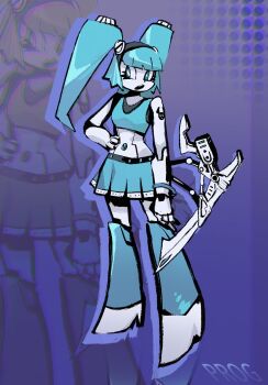 1girl android arm_blade bionicle blue_eyes blue_hair blue_shirt blue_skirt bracelet cropped_shirt hand_on_own_hip highres jenny_wakeman jewelry looking_to_the_side metal_skin my_life_as_a_teenage_robot open_mouth prog_ares purple_background shirt skirt sleeveless sleeveless_shirt solo the_lego_group twintails weapon zoom_layer