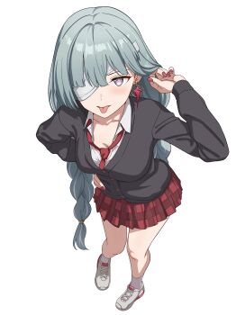 1girl absurdres alternate_costume bandage_over_one_eye blush braid breasts commentary fingernails grey_eyes grey_hair grey_sweater hand_on_own_hip hand_up highres long_hair long_sleeves looking_at_viewer low_twin_braids medium_breasts milliani multicolored_hair nail_polish necktie phrolova_(wuthering_waves) pleated_skirt red_nails red_necktie red_skirt shoes simple_background skirt solo streaked_hair sweater tongue tongue_out twin_braids variant_set white_background white_shoes wuthering_waves