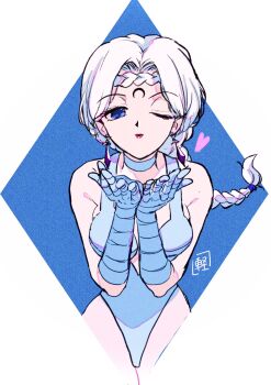 Rule 34 | 1girl, beruche (sailor moon), bishoujo senshi sailor moon, bishoujo senshi sailor moon r, blue eyes, blue gloves, blue leotard, braid, choker, cowboy shot, crescent, crescent facial mark, earrings, elbow gloves, facial mark, female focus, forehead mark, gloves, heart, highres, jewelry, leotard, lipstick, long hair, looking at viewer, makeup, murimajimuri, one eye closed, red lips, simple background, solo, white hair