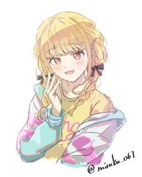 1girl absurdres blonde_hair blush braid brown_ribbon collarbone commentary cropped_torso fang fujita_kotone gakuen_idolmaster hair_ribbon highres idolmaster jacket jacket_partially_removed long_hair milk_(jhwk4885) multicolored_jacket ribbon shirt simple_background skin_fang smile solo twin_braids twitter_username upper_body white_background yellow_eyes yellow_shirt