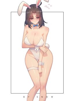 1girl ahoge alternate_breast_size_(larger) animal_ears black_eyes black_hair blush breasts cleavage commentary embarrassed english_commentary eyes_visible_through_hair feet_out_of_frame flying_sweatdrops highres kara_no_kyoukai kemonomimi_mode knees_together_feet_apart large_breasts leotard medium_hair narrow_waist playboy_bunny rabbit_ears rabbit_girl rabbit_tail ryougi_shiki solo strapless strapless_leotard suhyeon tail thigh_gap thigh_strap wrist_cuffs