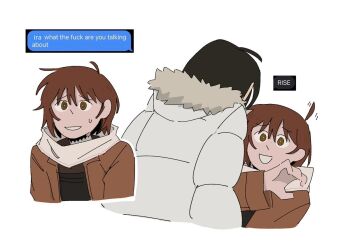 2girls apron asya_shubina black_apron black_hair brown_coat brown_eyes brown_hair coat commentary english_commentary english_text fur-trimmed_jacket fur_trim ira_grachevskaya jacket looking_at_another multiple_girls parted_lips scarf school_uniform short_hair soviet_school_uniform sweatdrop teeth white_background white_jacket white_scarf worried yellow_pupils z.a.t.o._//_i_love_the_world_and_everything_in_it zhangsify