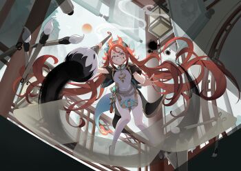 1girl all_fours black_hat black_shoes blue_eyes calligraphy calligraphy_brush chixia_(stella_sora) dress fang flats full_body game_cg grin half-closed_eyes hat highres kneeling long_hair non-web_source official_art orange_hair oversized_object paintbrush shoes short_eyebrows side_slit smile solo stella_sora thighhighs twintails v-shaped_eyebrows very_long_hair white_dress white_thighhighs