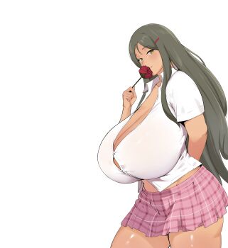 1girl absurdres ageha_(senran_kagura) arm_behind_back breasts button_gap cleavage coco_(setawar) commentary crop_top curvy dark-skinned_female dark_skin english_commentary flower from_side gigantic_breasts hair_ornament hairclip hand_up highres long_hair looking_at_viewer low_neckline midriff miniskirt open_collar pink_skirt plaid_clothes plaid_skirt rose senran_kagura senran_kagura_new_wave shirt sidelocks simple_background skirt smile solo thick_thighs thighs very_long_hair white_background white_shirt yellow_eyes