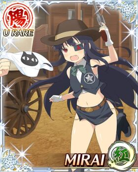 1girl 1other :o animal_print black_hair black_skirt black_vest boots border brown_hat card_(medium) cat_print character_name cowboy_boots cowboy_hat cowboy_western cowgirl_(western) crop_top eyepatch fang fingerless_gloves flat_chest game_cg gloves gun handgun hat holding holding_gun holding_weapon long_hair mirai_(senran_kagura) mitsudomoe_(shape) navel no_panties official_art panties print_panties red_eyes revolver running senran_kagura senran_kagura_new_wave sheriff_badge skirt solo_focus tearing_up tomoe_(symbol) underwear unworn_panties vest weapon white_panties