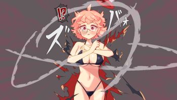 !? 1girl bikini black_bikini blush breasts collarbone large_breasts looking_at_viewer monocle navel open_mouth original pink_hair red_eyes sai_koro short_hair silky_(silky_the_phantom_thief) silky_the_phantom_thief simple_background solo swimsuit torn_clothes wide-eyed