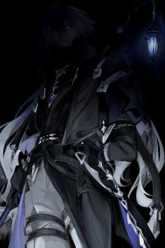 1boy arm_behind_back belt black_belt black_coat blue_hair co6_3g coat feet_out_of_frame flins_(genshin_impact) genshin_impact gradient_hair grey_hair grey_pants hair_between_eyes highres lantern long_hair long_sleeves looking_at_viewer male_focus multicolored_hair pants polearm solo standing thigh_belt thigh_strap very_long_hair weapon yellow_eyes