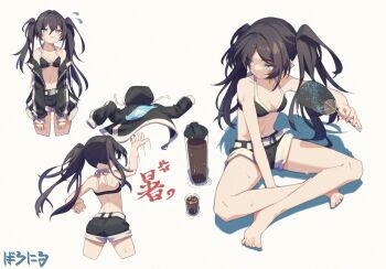 1girl ass baronilu black_rock_shooter black_rock_shooter_(character) blue_eyes feet short_shorts shorts sweat sweatdrop tagme