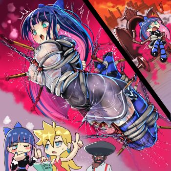 Rule 34 | 1boy, 2girls, abductor virgin, black dress, black thighhighs, blue eyes, blue hair, blue thighhighs, blush, chain, clitoral circular saw, commentary request, dress, elden ring, full body, heart, heart-shaped pupils, highres, long hair, monikano, motion lines, multicolored hair, multicolored thighhighs, multiple girls, open mouth, panty &amp; stocking with garterbelt, panty (psg), pink hair, pussy juice, restrained, see-through clothes, see-through dress, see-through shirt, shirt, solo focus, stocking (psg), streaked hair, striped clothes, striped thighhighs, symbol-shaped pupils, thighhighs, tickling, tongue, tongue out, trembling, two-tone hair, two-tone thighhighs, white shirt