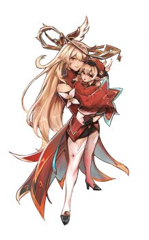 2girls alice_(genshin_impact) bare_shoulders black_gloves blonde_hair detached_sleeves genshin_impact gloves hat highres klee_(genshin_impact) long_hair long_sleeves mother_and_daughter multiple_girls pointy_ears red_eyes simple_background soratxn thighhighs white_background white_thighhighs witch witch_hat zettai_ryouiki