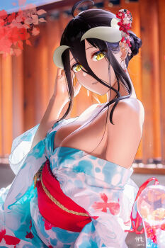 1girl absurdres albedo_(overlord) alternate_hairstyle breasts cleavage commentary_request flower hair_flower hair_ornament highres huge_breasts japanese_clothes kimono overlord_(maruyama) shenle smile yellow_eyes yukata