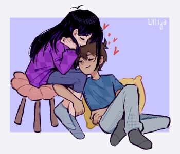 1boy 1girl alternate_costume antenna_hair artist_name black_socks blue_shirt blush brown_hair closed_eyes closed_mouth dark-skinned_male dark_skin denim grey_pants grey_socks heart hero_(faraway)_(omori) hero_(omori) highres jeans long_hair long_sleeves mari_(faraway)_(omori) mari_(omori) omori pants shirt short_sleeves sitting smile socks t-shirt ullilya1 unmoving_pattern