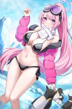 1girl absurdres bikini bird black_bikini blue_archive breasts commentary_request day eimi_(blue_archive) eimi_(swimsuit)_(blue_archive) glacier goggles goggles_on_head halo highres in_water jacket large_breasts long_hair oh_gong05 outdoors padded_jacket panties penguin pink_halo pink_jacket ponytail purple_eyes scarf side-tie_panties ski_goggles sky swimsuit underwear very_long_hair white_scarf