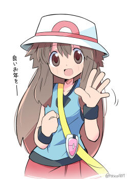 Rule 34 | 1girl, :d, bag, blue shirt, breasts, brown eyes, brown hair, bucket hat, commentary request, cowboy shot, hair between eyes, hat, highres, leaf (pokemon), long hair, long sidelocks, looking at viewer, motion lines, nintendo, open hand, open mouth, pokemon, pokemon frlg, rascal (feuille), red skirt, shirt, shoulder bag, sidelocks, signature, simple background, skirt, sleeveless, sleeveless shirt, small breasts, smile, standing, waving, white background, white hat, wristband, yellow bag