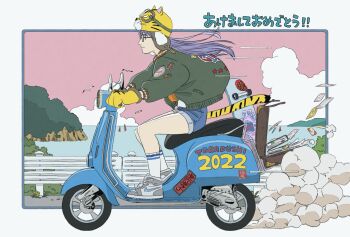1girl 2022 aged_up akeome bird chinese_zodiac closed_mouth denim denim_shorts dr._slump full_body glasses happy_new_year helmet highres long_hair moped motor_vehicle motorcycle_helmet new_year norimaki_arale purple_hair seagull shoes shorts sneakers solo taguchi_eri year_of_the_tiger