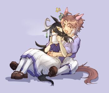 2girls :d affectionate ahoge animal_ears arms_around_waist black_hair bow bowtie brown_hair brown_shoes brown_tail cheek_press coffee_mug commentary cup dantsu_flame_(umamusume) drinking ear_covers ear_ornament emotsper front-to-back full_body gradient_hair hair_between_eyes happy heads_together highres holding holding_cup horse_ears horse_girl horse_tail hug hug_from_behind knees_up long_hair long_hair_between_eyes manhattan_cafe_(umamusume) mary_janes mug multicolored_hair multiple_girls notice_lines one_eye_closed open_mouth pink_hair pleated_skirt puffy_short_sleeves puffy_sleeves purple_bow purple_bowtie purple_shirt sailor_collar sailor_shirt school_uniform shirt shoes short_sleeves simple_background sitting sitting_between_lap skirt smile steam summer_uniform tail thighhighs tracen_school_uniform umamusume umamusume:_beginning_of_a_new_era white_hair white_sailor_collar white_skirt white_thighhighs yellow_eyes
